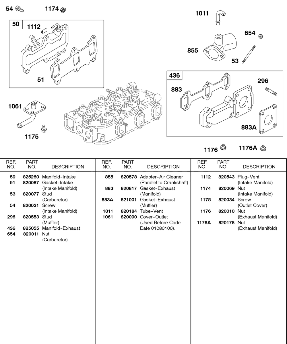 Intake Manifold, Exhaust Manifold Diagram and Parts List for 587447-0105-XX  Briggs and Stratton Engine